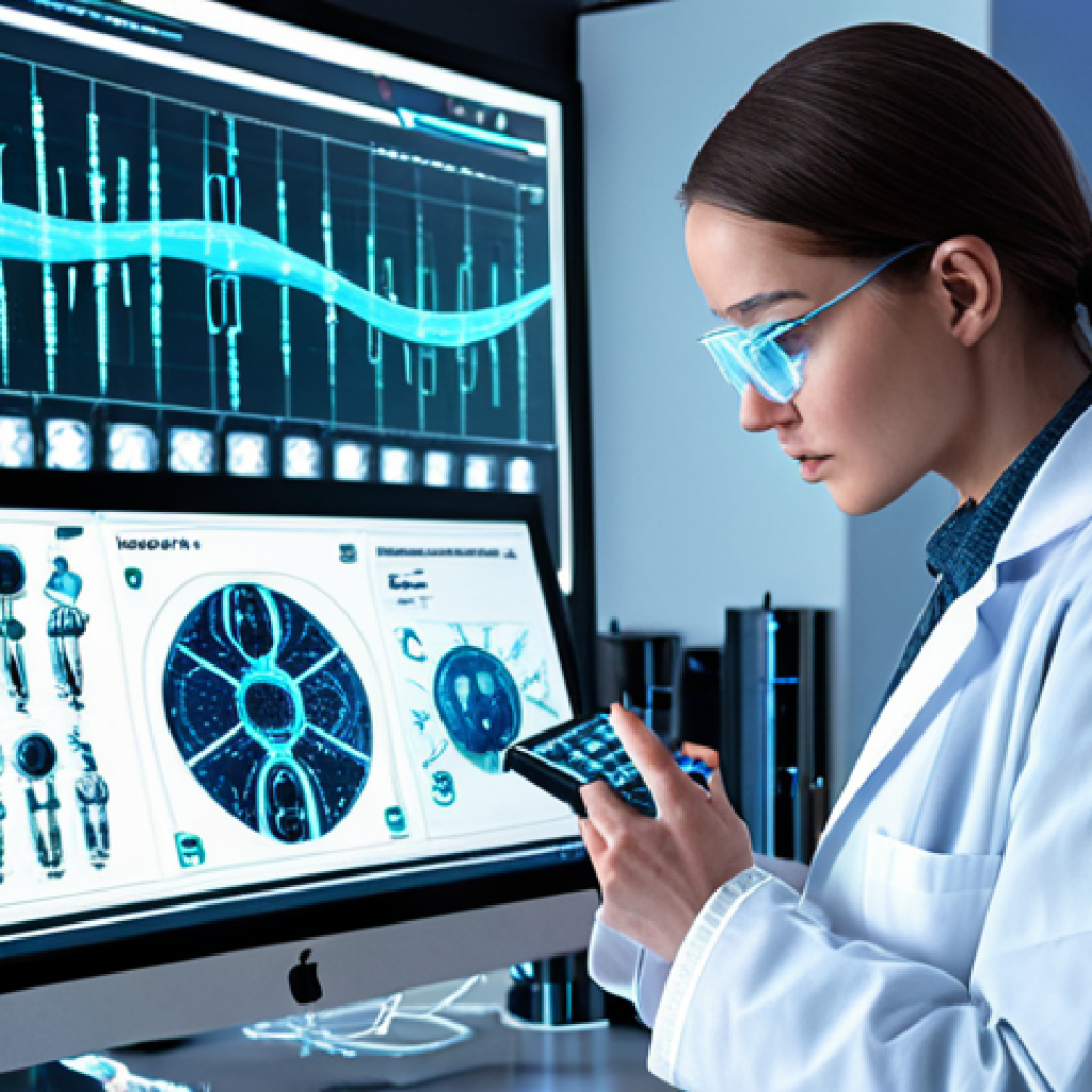 ** A futuristic lab scene. A scientist in a lab coat is using a holographic interface to design a DNA sequence. In the background, robotic arms are synthesizing DNA strands. The overall feel is clean, high-tech, and optimistic, emphasizing the potential of AI-driven DNA design.
**