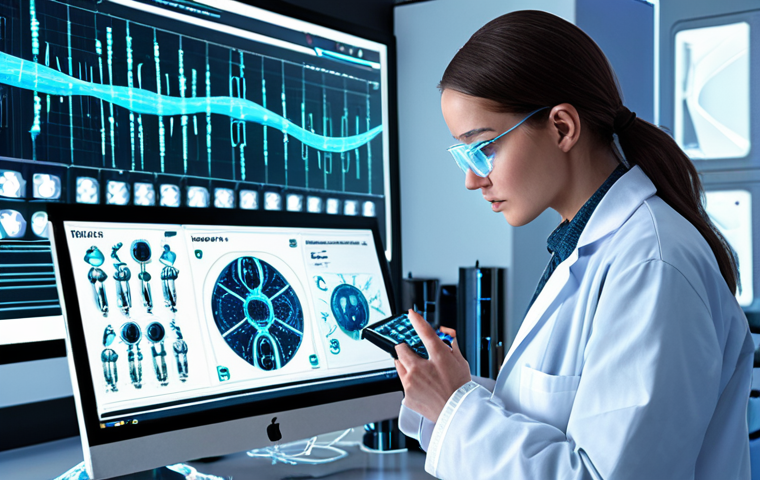 ** A futuristic lab scene. A scientist in a lab coat is using a holographic interface to design a DNA sequence. In the background, robotic arms are synthesizing DNA strands. The overall feel is clean, high-tech, and optimistic, emphasizing the potential of AI-driven DNA design.
**