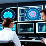 **

A biotech lab scene. Scientists in lab coats are analyzing data from clinical trials displayed on glowing monitors. In the background, a holographic representation of a drug molecule rotates. The scene conveys a sense of cautious optimism mixed with the complexity and uncertainty of drug development. Emphasize the data analysis aspect with charts and graphs visible on the monitors. Style: Realistic, futuristic.

**