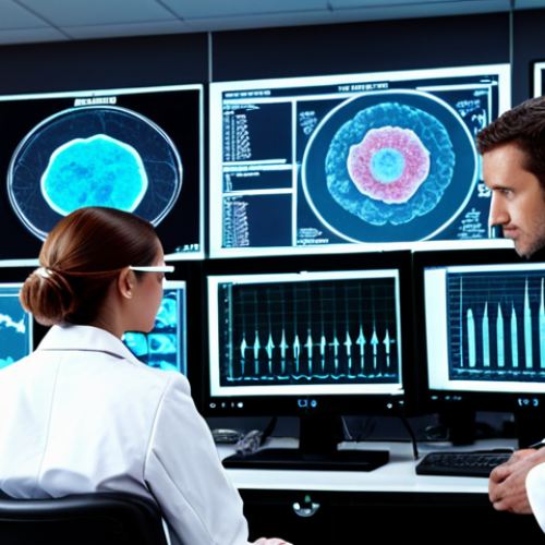 Home 25 **
A biotech lab scene. Scientists in lab coats are analyzing data from clinical trials displayed on glowing monitors. In the background, a holographic representation of a drug molecule rotates. The scene conveys a sense of cautious optimism mixed with the complexity and uncertainty of drug development. Emphasize the data analysis aspect with charts and graphs visible on the monitors. Style: Realistic, futuristic.
**