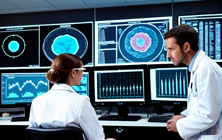 **
A biotech lab scene. Scientists in lab coats are analyzing data from clinical trials displayed on glowing monitors. In the background, a holographic representation of a drug molecule rotates. The scene conveys a sense of cautious optimism mixed with the complexity and uncertainty of drug development. Emphasize the data analysis aspect with charts and graphs visible on the monitors. Style: Realistic, futuristic.
**