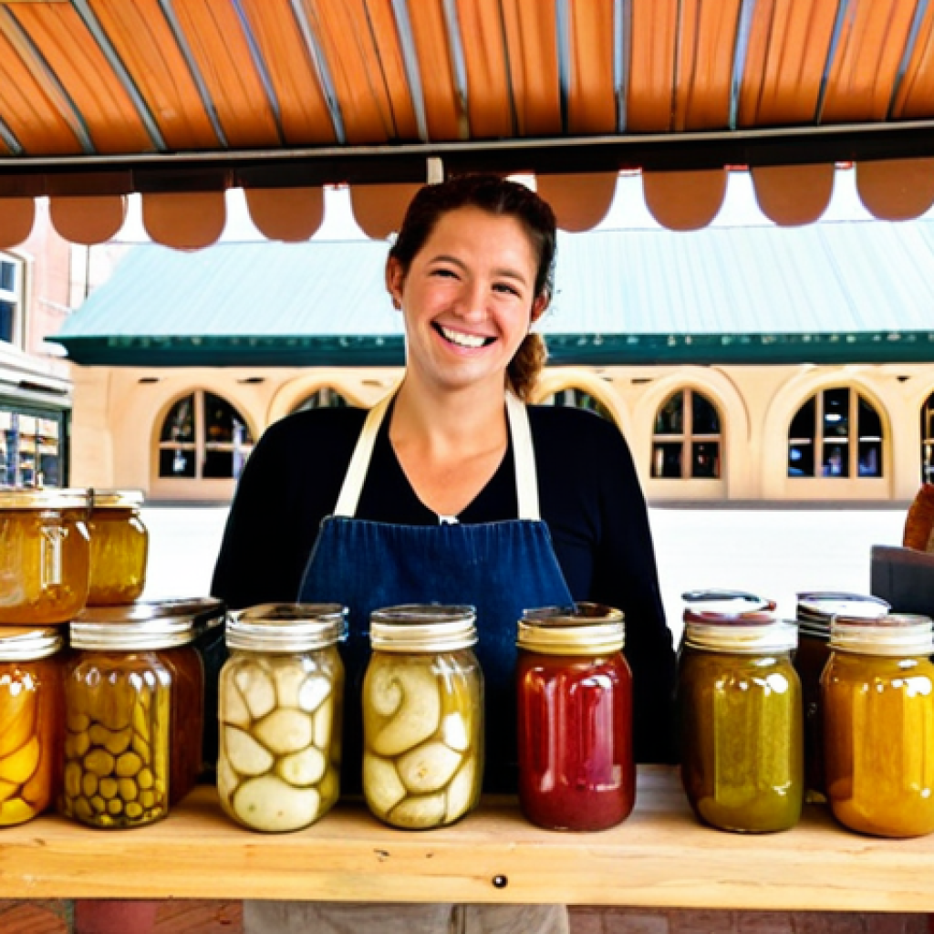 **Artisanal Fermentation Scene:** A vibrant, sun-drenched farmer's market stall overflowing with colorful jars of homemade pickles, kombucha bottles, and sourdough bread loaves. A friendly vendor with a welcoming smile stands behind the display, offering samples to curious customers. Focus on capturing the rustic charm and community feel of a local food market.