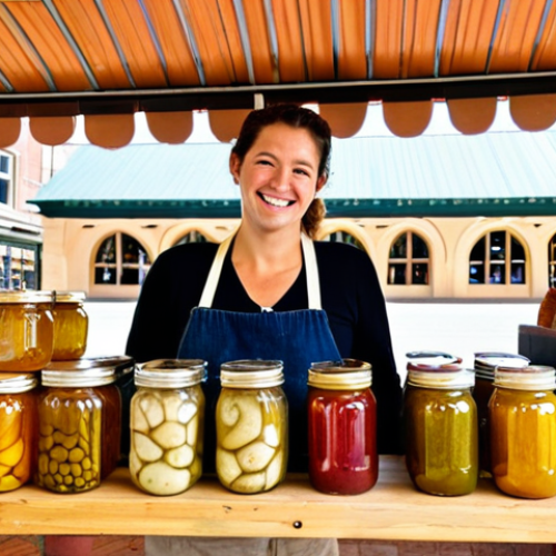 Home 24 **Artisanal Fermentation Scene:** A vibrant, sun-drenched farmer's market stall overflowing with colorful jars of homemade pickles, kombucha bottles, and sourdough bread loaves. A friendly vendor with a welcoming smile stands behind the display, offering samples to curious customers. Focus on capturing the rustic charm and community feel of a local food market.
