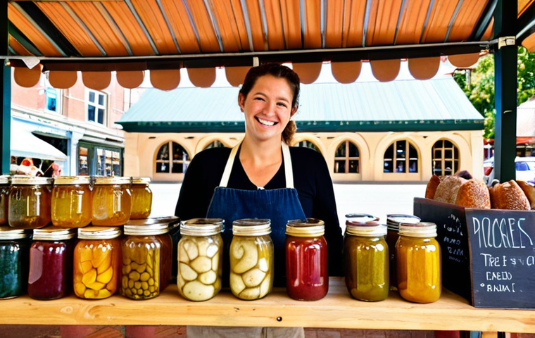 **Artisanal Fermentation Scene:** A vibrant, sun-drenched farmer's market stall overflowing with colorful jars of homemade pickles, kombucha bottles, and sourdough bread loaves. A friendly vendor with a welcoming smile stands behind the display, offering samples to curious customers. Focus on capturing the rustic charm and community feel of a local food market.