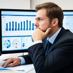 A focused professional, likely an investor or scientist, fully clothed in a modest business suit, intently analyzing complex scientific data displayed on multiple large monitors in a modern, clean biotech laboratory office. The background includes blurred lab equipment and analytical charts. The subject has a serious, contemplative expression, reflecting deep thought. Perfect anatomy, correct proportions, natural pose, well-formed hands, proper finger count. Professional photography, high resolution, detailed, safe for work, appropriate content, fully clothed, family-friendly.