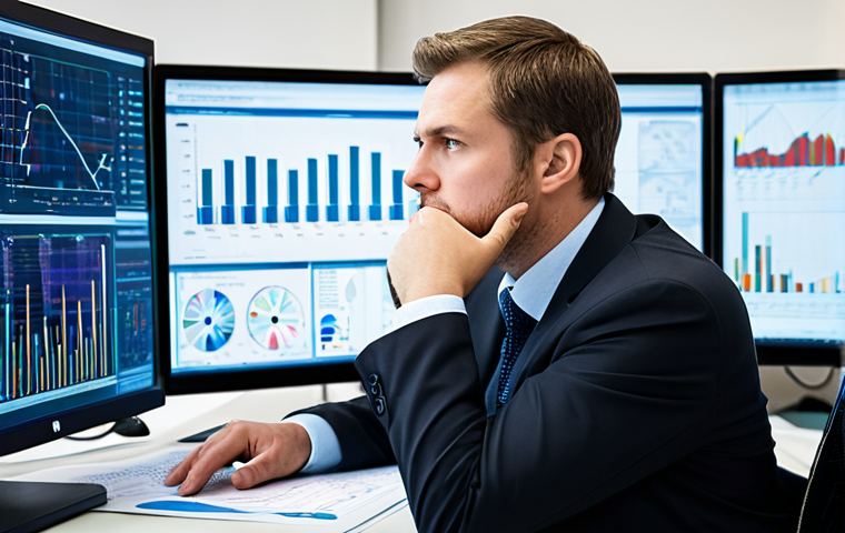 A focused professional, likely an investor or scientist, fully clothed in a modest business suit, intently analyzing complex scientific data displayed on multiple large monitors in a modern, clean biotech laboratory office. The background includes blurred lab equipment and analytical charts. The subject has a serious, contemplative expression, reflecting deep thought. Perfect anatomy, correct proportions, natural pose, well-formed hands, proper finger count. Professional photography, high resolution, detailed, safe for work, appropriate content, fully clothed, family-friendly.