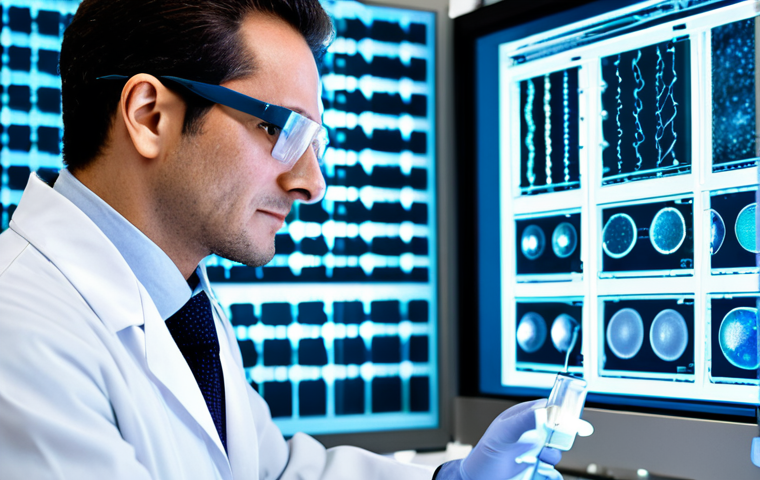 A highly detailed image of a focused professional scientist in a clean, modern biotechnology laboratory, wearing a lab coat and safety glasses. They are meticulously examining a holographic display showing a magnified, intricate 3D model of a DNA double helix being precisely targeted and edited by abstract molecular tools representing Cas9 and guide RNA. The background features advanced lab equipment and soft, futuristic lighting. The overall scene conveys groundbreaking research and precision. Perfect anatomy, correct proportions, natural pose, well-formed hands, proper finger count, natural body proportions. Fully clothed, appropriate attire, professional dress, modest clothing. Safe for work, appropriate content, professional, family-friendly, high quality, ultra-detailed.
