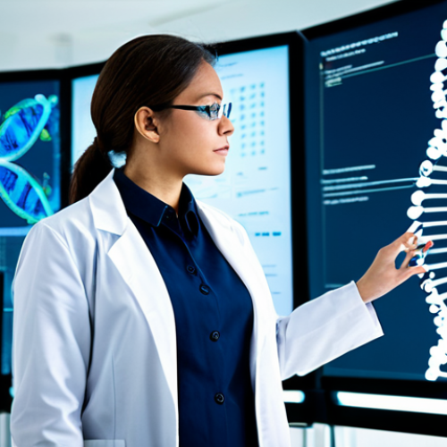 Home 9 An intelligent adult professional researcher in a clean, futuristic laboratory, wearing a modest professional lab coat and smart casual attire. The researcher is standing, looking thoughtfully at a large, transparent screen displaying intricate DNA sequences and complex data visualizations. A subtle double helix motif is integrated into the background elements. This is a high-resolution image with crisp focus and advanced lighting, in a professional photography style. fully clothed, appropriate attire, modest clothing, safe for work, appropriate content, perfect anatomy, correct proportions, natural pose, well-formed hands, proper finger count, natural body proportions.