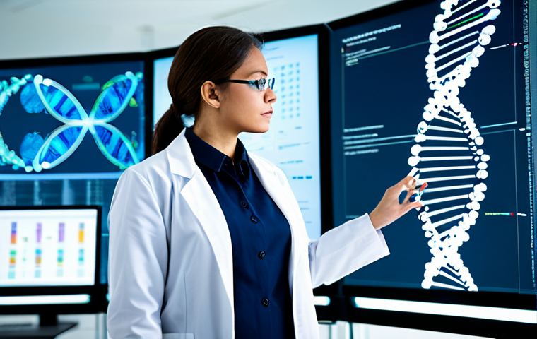 An intelligent adult professional researcher in a clean, futuristic laboratory, wearing a modest professional lab coat and smart casual attire. The researcher is standing, looking thoughtfully at a large, transparent screen displaying intricate DNA sequences and complex data visualizations. A subtle double helix motif is integrated into the background elements. This is a high-resolution image with crisp focus and advanced lighting, in a professional photography style. fully clothed, appropriate attire, modest clothing, safe for work, appropriate content, perfect anatomy, correct proportions, natural pose, well-formed hands, proper finger count, natural body proportions.