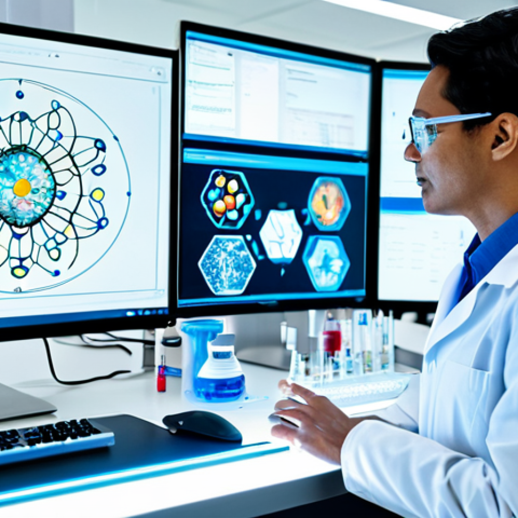 AI-Assisted Drug Discovery**

"A diverse team of scientists working collaboratively in a brightly lit, modern laboratory. One scientist is interacting with a holographic display showing a complex molecular structure generated by AI. Various lab equipment and computer workstations are visible in the background. All individuals are fully clothed in professional lab attire. Safe for work, appropriate content, professional, perfect anatomy, natural proportions, well-lit, high quality."

**