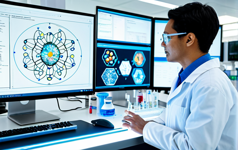AI-Assisted Drug Discovery**
"A diverse team of scientists working collaboratively in a brightly lit, modern laboratory. One scientist is interacting with a holographic display showing a complex molecular structure generated by AI. Various lab equipment and computer workstations are visible in the background. All individuals are fully clothed in professional lab attire. Safe for work, appropriate content, professional, perfect anatomy, natural proportions, well-lit, high quality."
**