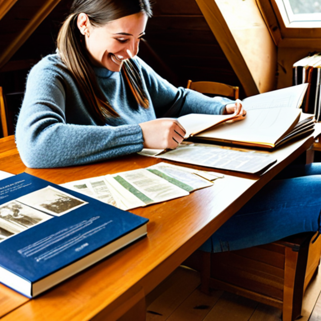 Family History Discovery**
A woman sitting at a wooden table in a cozy, sunlit attic, surrounded by old photo albums and documents. She's smiling, looking at a family tree chart spread out before her, with lines connecting various photos. A DNA testing kit box sits on the table. Fully clothed in a comfortable sweater and jeans, appropriate attire. Safe for work, professional quality, perfect anatomy, natural proportions, family-friendly, modest clothing.
**
