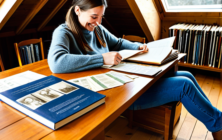 Family History Discovery**
A woman sitting at a wooden table in a cozy, sunlit attic, surrounded by old photo albums and documents. She's smiling, looking at a family tree chart spread out before her, with lines connecting various photos. A DNA testing kit box sits on the table. Fully clothed in a comfortable sweater and jeans, appropriate attire. Safe for work, professional quality, perfect anatomy, natural proportions, family-friendly, modest clothing.
**