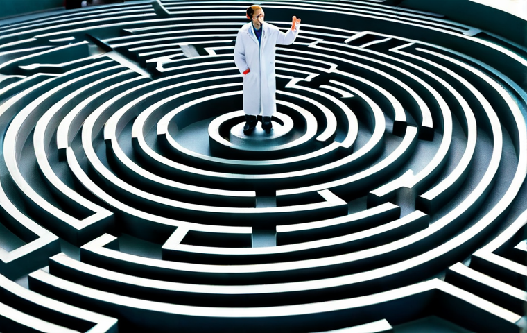 바이오 의약품 가격 정책 - Research & Development Labyrinth**
"A complex maze representing biopharmaceutical research and deve...