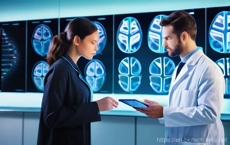 분자 진단 기술 - **Prompt:** "A diverse group of individuals, including a male and female doctor in modern, clean lab...