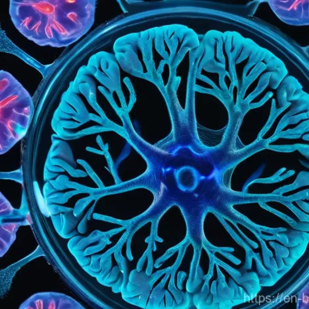 오가노이드 기술 - **"A breathtaking microscopic view of a vibrant human brain organoid in a sterile petri dish, exhibi...