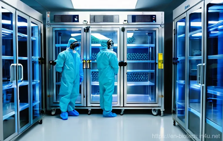 바이오해저드 - **Prompt:** A futuristic, high-containment Biosafety Level 4 (BSL-4) laboratory. Scientists in full-...