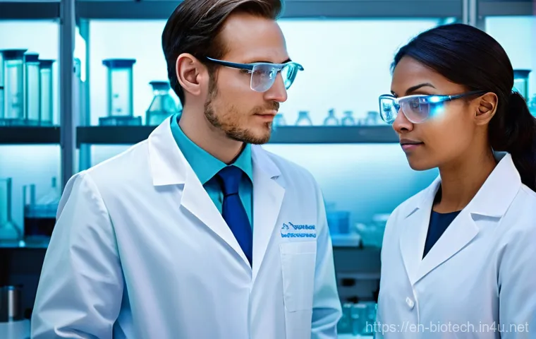 바이오시밀러와 바이오베터 차이 - **Prompt:** "A diverse team of scientists, both male and female, in a state-of-the-art, sterile biot...