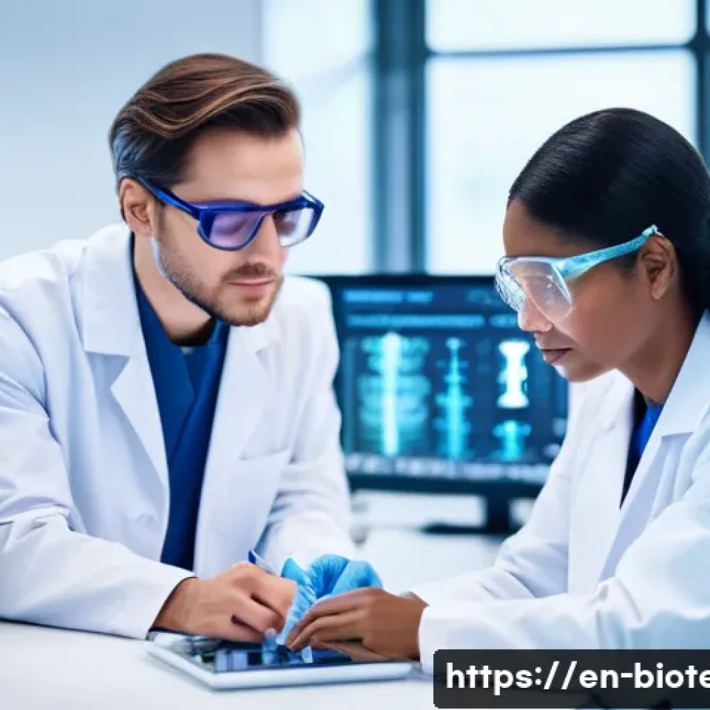 mRNA 플랫폼 기술 - **Subject:** A diverse group of scientists in a brightly lit, modern laboratory, collaborating on mR...