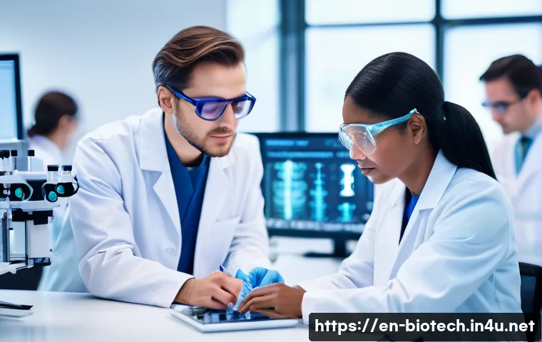 mRNA 플랫폼 기술 - **Subject:** A diverse group of scientists in a brightly lit, modern laboratory, collaborating on mR...