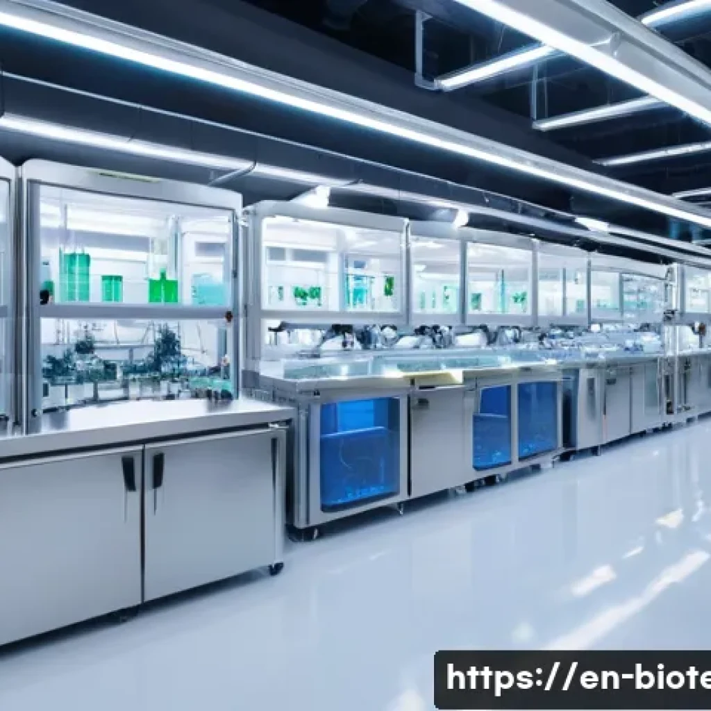 바이오 생산 최적화 기술 - A state-of-the-art biomanufacturing facility interior showcasing advanced robotic arms operating aro...