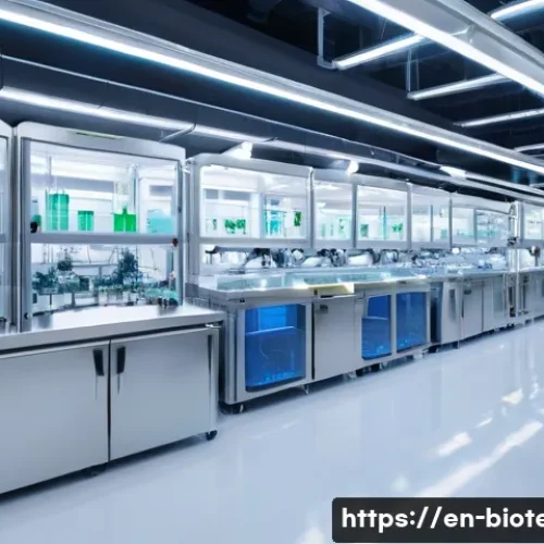 Home 33 바이오 생산 최적화 기술 - A state-of-the-art biomanufacturing facility interior showcasing advanced robotic arms operating aro...