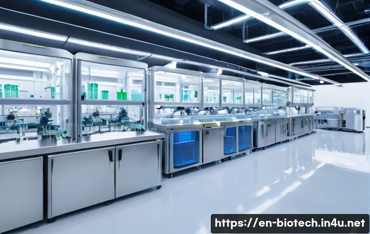 바이오 생산 최적화 기술 - A state-of-the-art biomanufacturing facility interior showcasing advanced robotic arms operating aro...