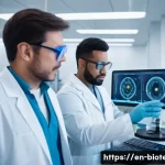 Home 20 바이오 의약품 경쟁 - A futuristic biopharmaceutical laboratory scene showcasing scientists collaborating on novel biologi...