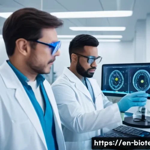 Home 32 바이오 의약품 경쟁 - A futuristic biopharmaceutical laboratory scene showcasing scientists collaborating on novel biologi...