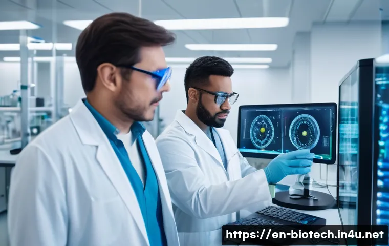 바이오 의약품 경쟁 - A futuristic biopharmaceutical laboratory scene showcasing scientists collaborating on novel biologi...