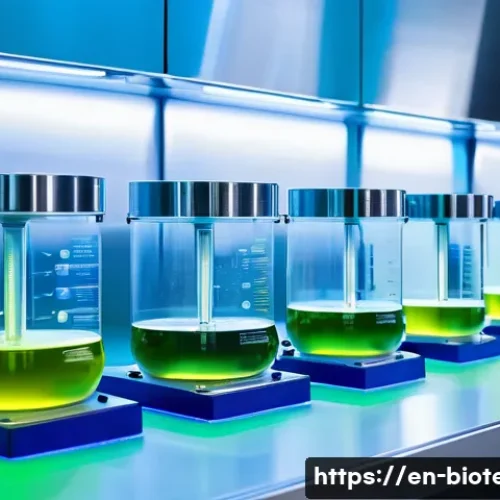 Home 31 생물학적 반응기 - A high-tech bioreactor interior showing a stainless steel vessel with transparent sections revealing...