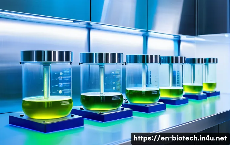 생물학적 반응기 - A high-tech bioreactor interior showing a stainless steel vessel with transparent sections revealing...