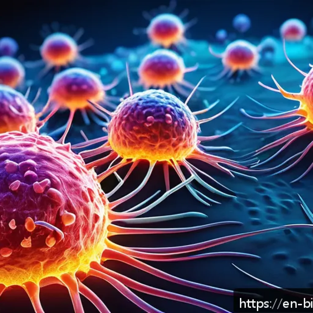 세포면역치료 - A highly detailed scientific illustration of genetically engineered T cells attacking cancer cells i...
