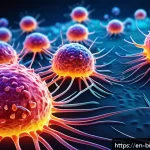 Home 18 세포면역치료 - A highly detailed scientific illustration of genetically engineered T cells attacking cancer cells i...