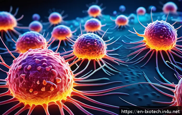 세포면역치료 - A highly detailed scientific illustration of genetically engineered T cells attacking cancer cells i...
