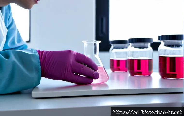 세포 배양 미디어 - Photorealistic biomedical laboratory scene, clear glass culture flasks and Petri dishes filled with ...