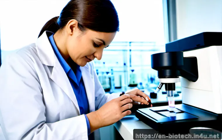 Home 17 바이오마커 - Photorealistic clinical laboratory scene illustrating biomarker research, a diverse middle-aged scie...