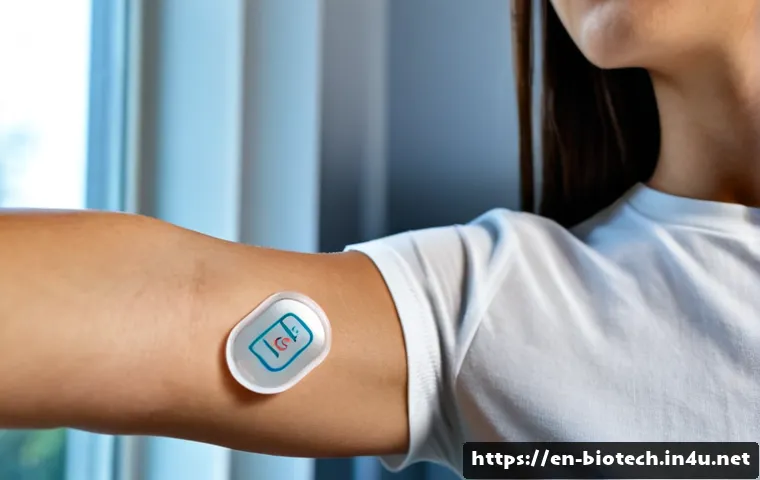 Home 17 바이오 센서 기술 - Photorealistic close-up of a wearable biosensor health patch on an adult’s upper arm, subtle flexibl...