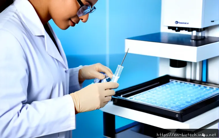 바이오 분석 기술 - Photorealistic biotechnology analysis laboratory, a scientist in clean white lab coat and protective...