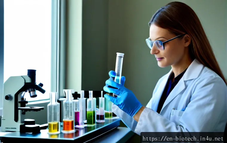 미생물 기반 치료 - Photorealistic biomedical laboratory scene illustrating microbiome-based therapy, a female research ...